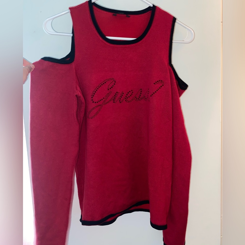 Guess women’s red cold shoulder sweater top